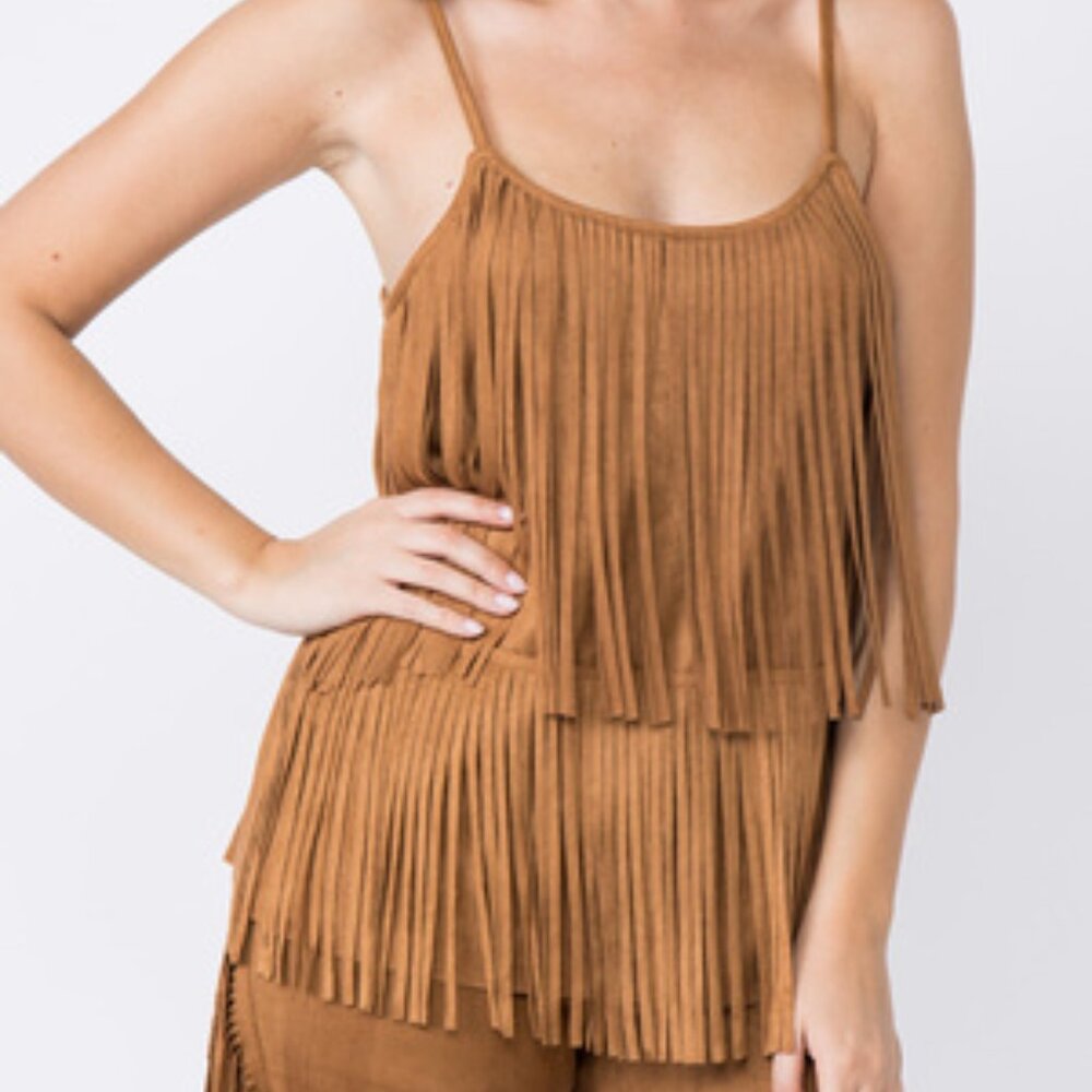 NEW VOCAL suede tank top cami shabby chic CAMEL SM-3X fringe western cowgirl